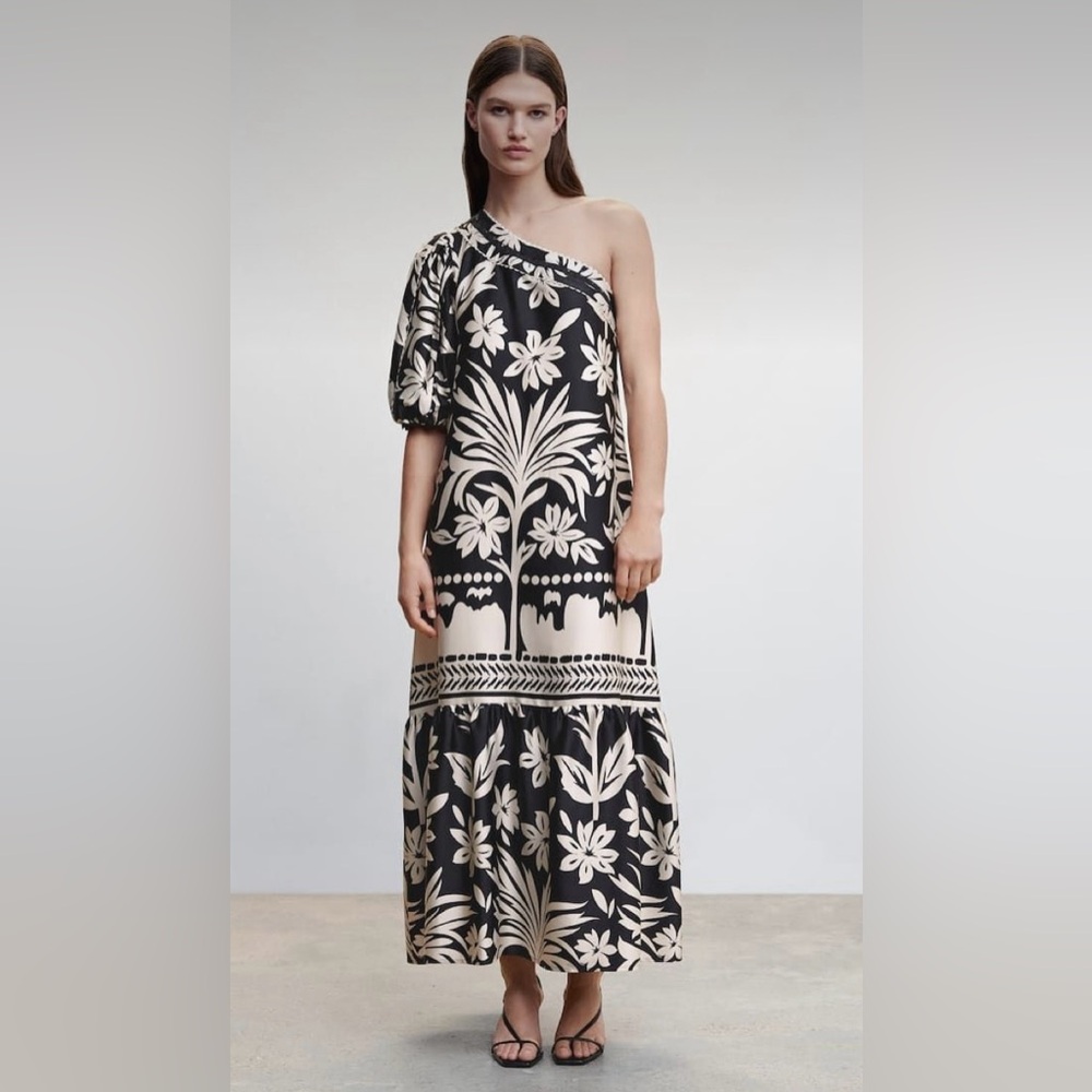 Mango One Shoulder Floral Midi Dress - Bohemian, Retro Tiki Inspired!
